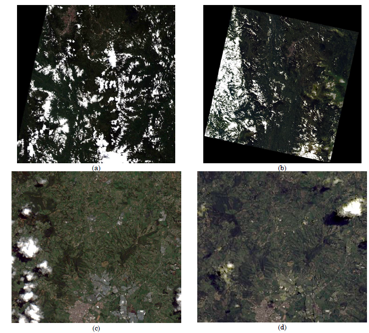 RGB composition of (a) Sentinel 2 image captured on May 8, 2022, using B4 (665 nm), B3 (560 nm), and B2 (490 nm); (b) Landsat 8 image captured on January 8, 2022, using B4 red (650 nm to 670 nm), B3 green (530 nm to 590 nm), and B2 blue (450 nm to 510 nm). Image subset including the four farms from (c) Sentinel 2 and (d) Landsat 8. Images downloaded from Earth Explorer (https://earthexplorer.usgs.gov/)