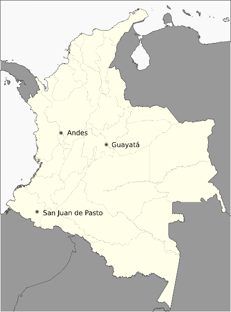 Geographic location of the municipalities selected as Scenarios
for groups G1 (Guayatá), G2 (Andes) and G3
(Pasto).